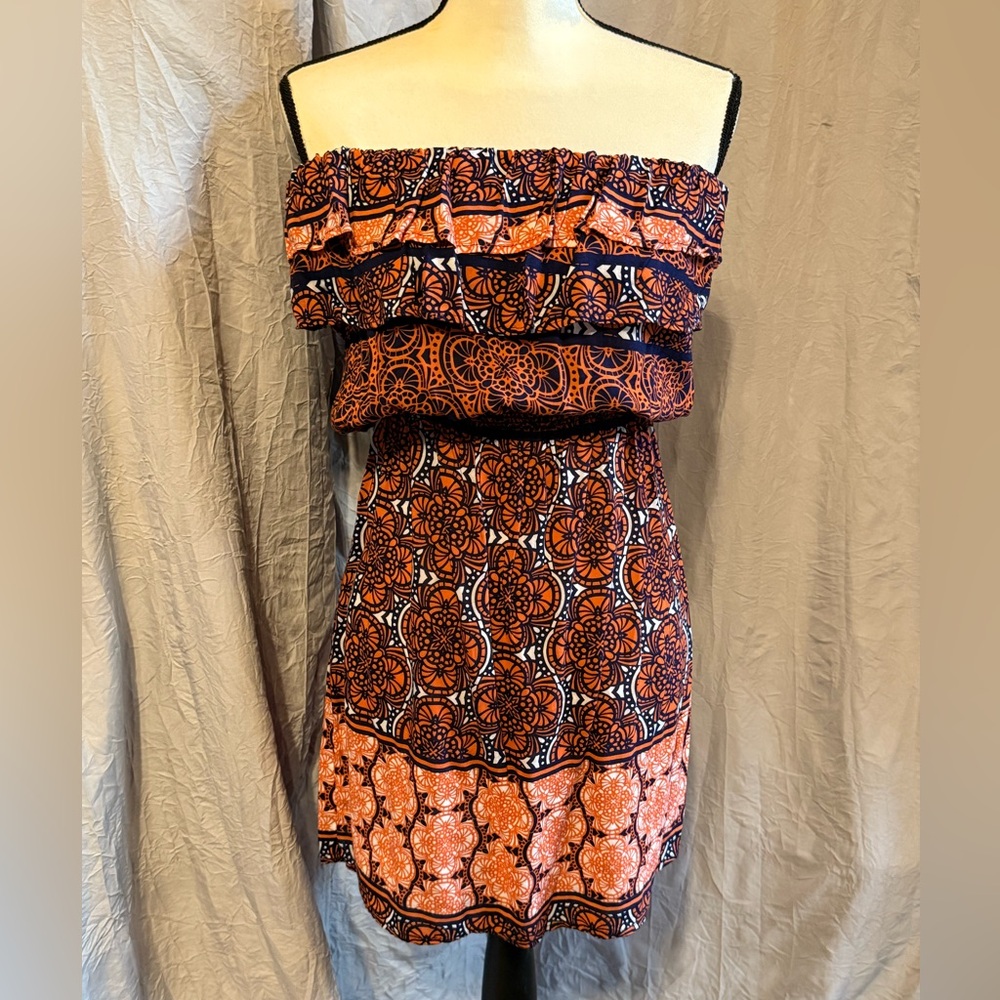 Fun and Flirty Orange/Navy/White Strapless Dress